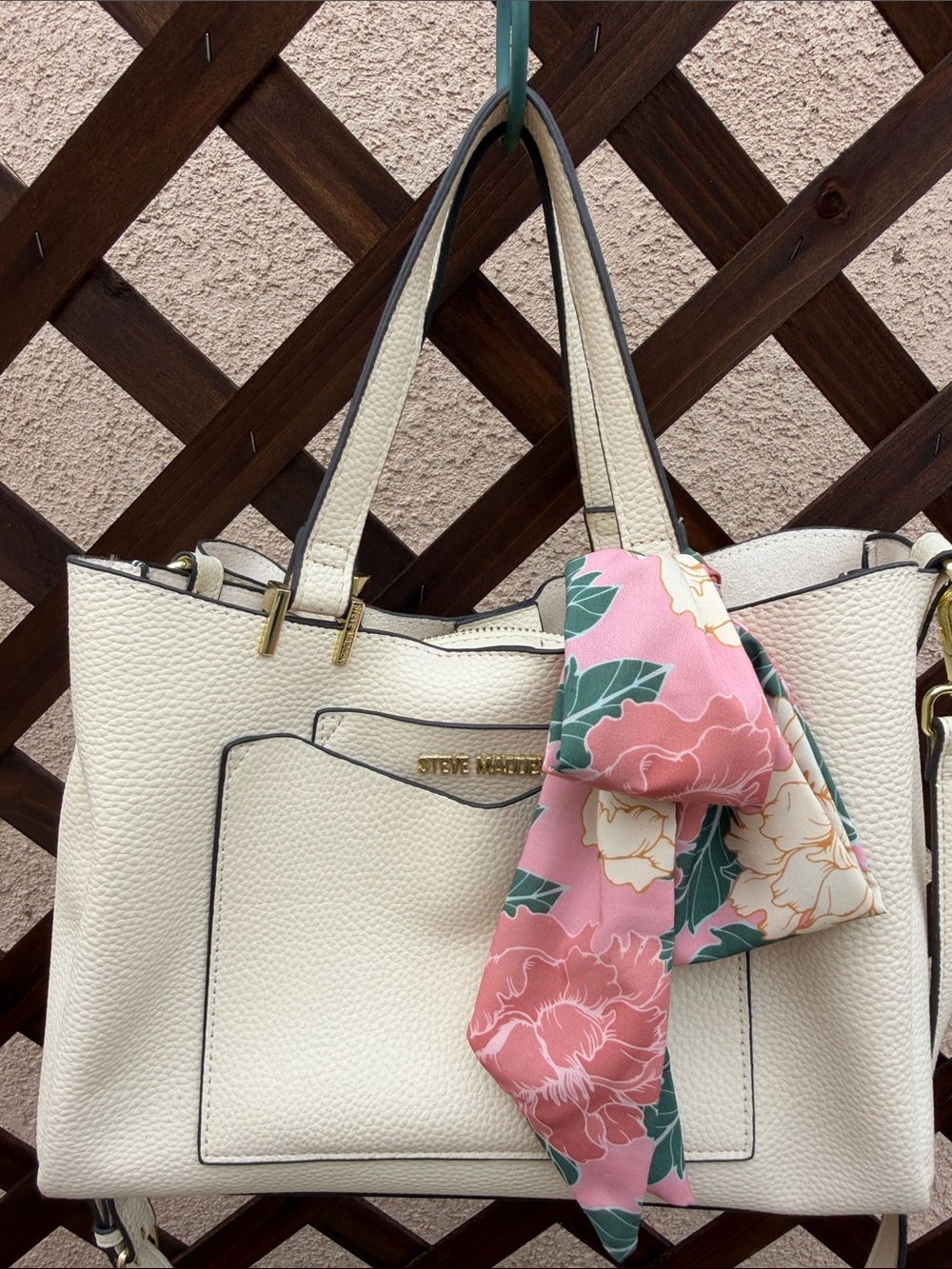 Steve Madden Cream Pebbled Tote with Pink Floral Scarf Accent